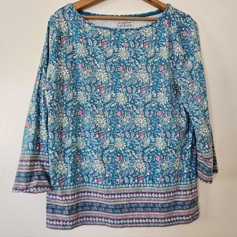 The Talbots Tee Womens Shirt L Floral Relaxed 3/4 Sleeve Resort Colorful Stretch
